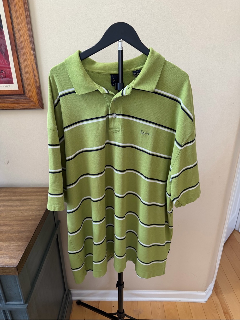 Karl Kani Gold Polo Shirt Mens 4X Green Striped Y2K Hip Hop Streetwear